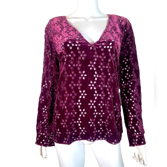 Jade by Johnny Was Women’s Sz S Eyelet Long Sleeve Blouse Top Velvet Silk Rayon - Picture 1 of 11